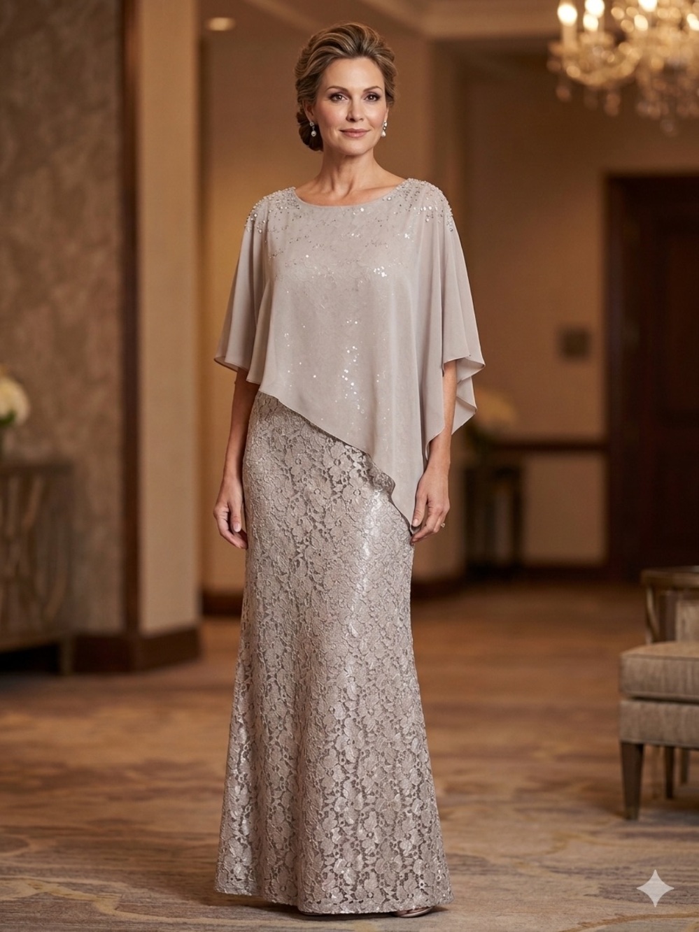 SLNY Sequin Floral Lace Evening Gown with Asymmetrical Chiffon Capelet 18W